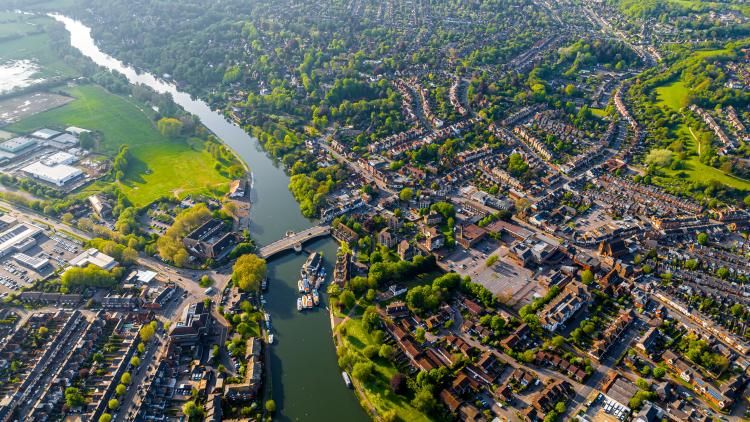 Aerial view of Caversham, a suburb of Reading, England, located directly north of the town centre across the River Thames By Alexey Fedorenko